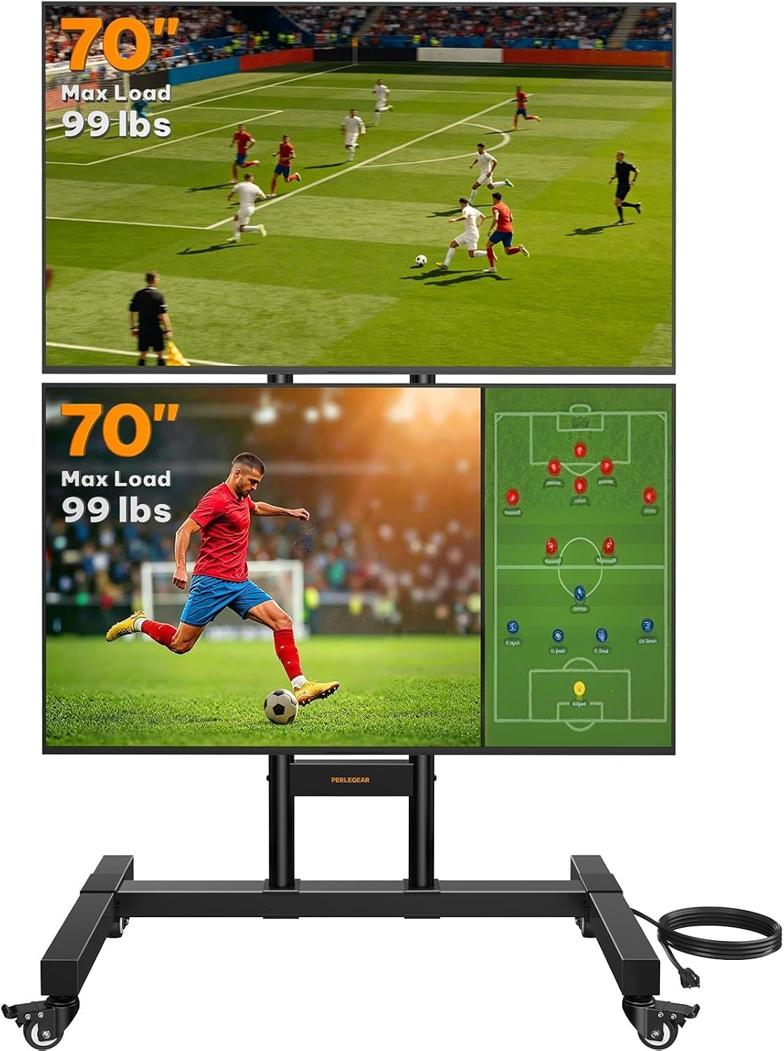 Perlegear Rolling TV Stand for 32–70 Inch Dual Screens, Holds up to 99 lbs Each, Mobile TV Stand with Power Outlet and Lockable Wheels, Tilt &amp; Height Adjustable TV Cart, Max VESA 600x400mm, PGTVC31B