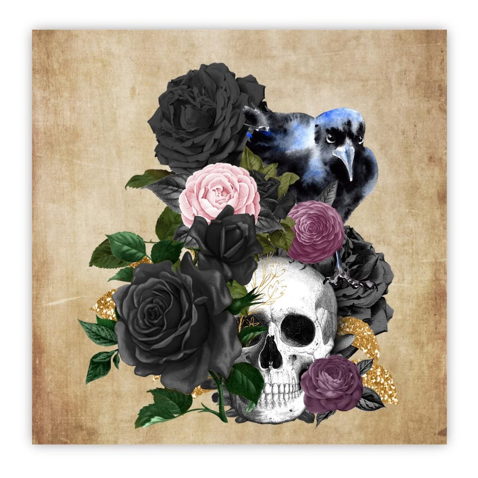 Décoration Halloween salon : plaque bois Raven on Skull 30cm