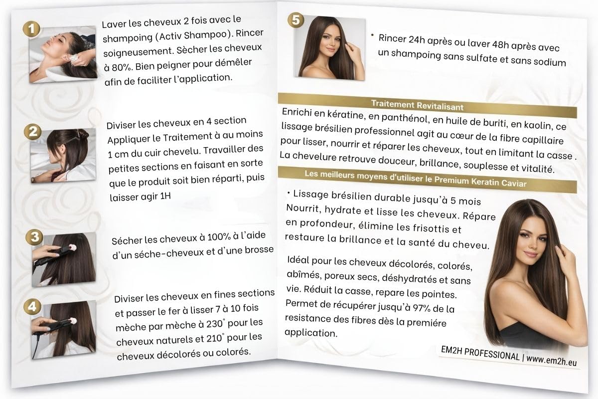 Premium Keratin Caviar Kit Lissage Brésilien - Soin lissant à la kératine - Lisse, réduit les frisottis, apporte brillance et souplesse (2 x 500 ml)