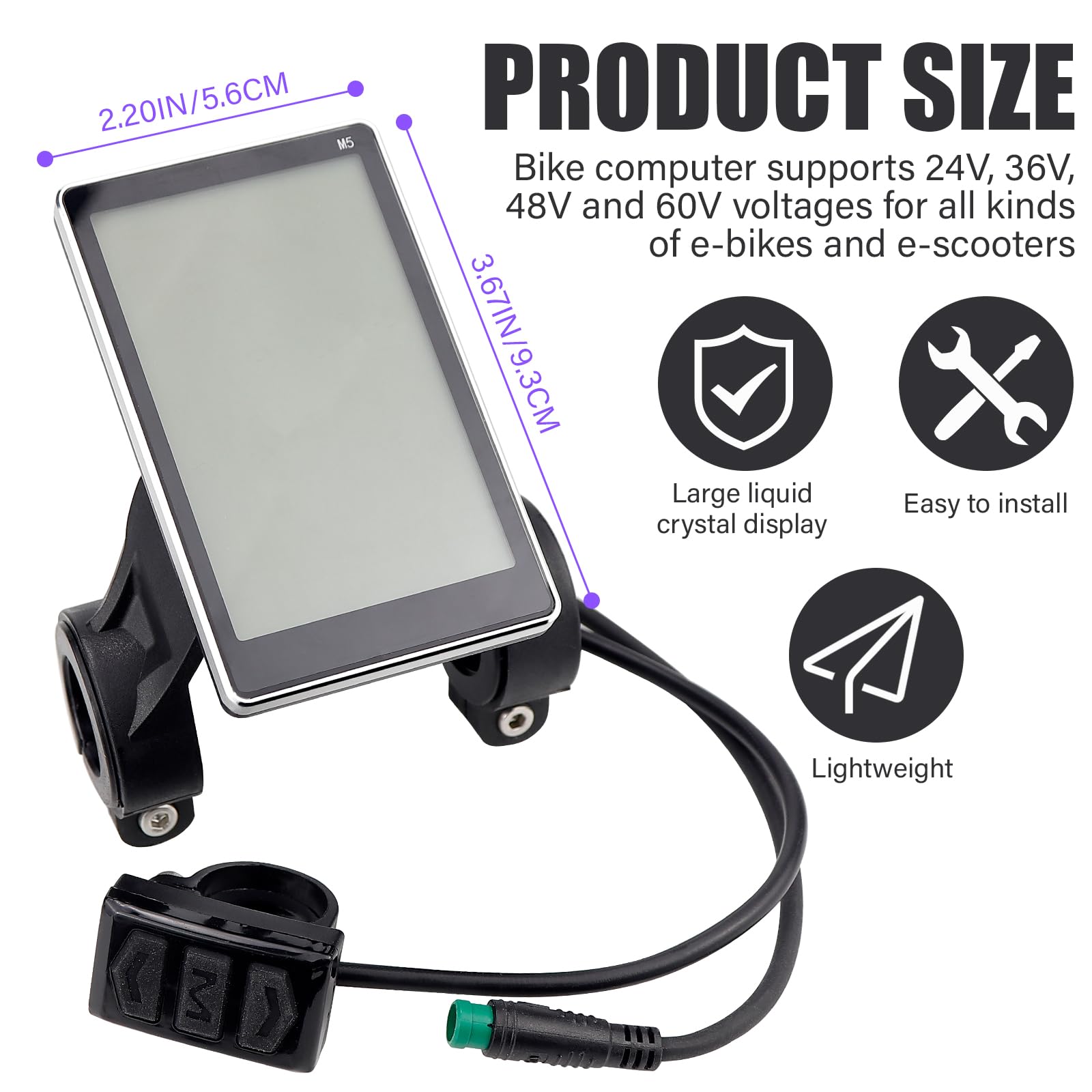 ZJIVQO LCD Electric Bike Display, Ebike Display Control Panel, 24V 36V 48V 60V 5 Pin Screen Replacement Parts for 31.8 22.2mm Handlebar E Bikes, E-Scooter