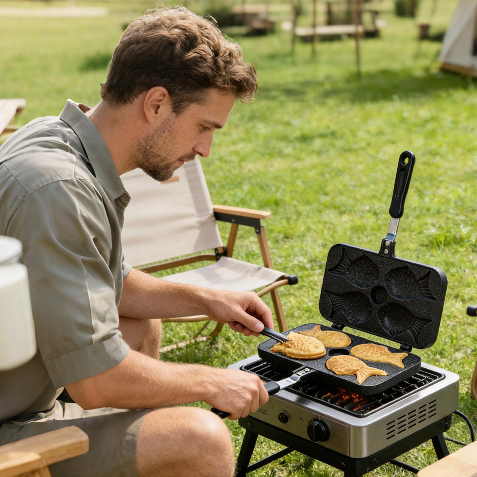 Taiyaki Maker, in lega di alluminio a 4 cavità, macchina per waffle in lega di alluminio, per casa, appartamento, cucina, viaggi, picnic, campeggio, cucina all'aperto, cottura