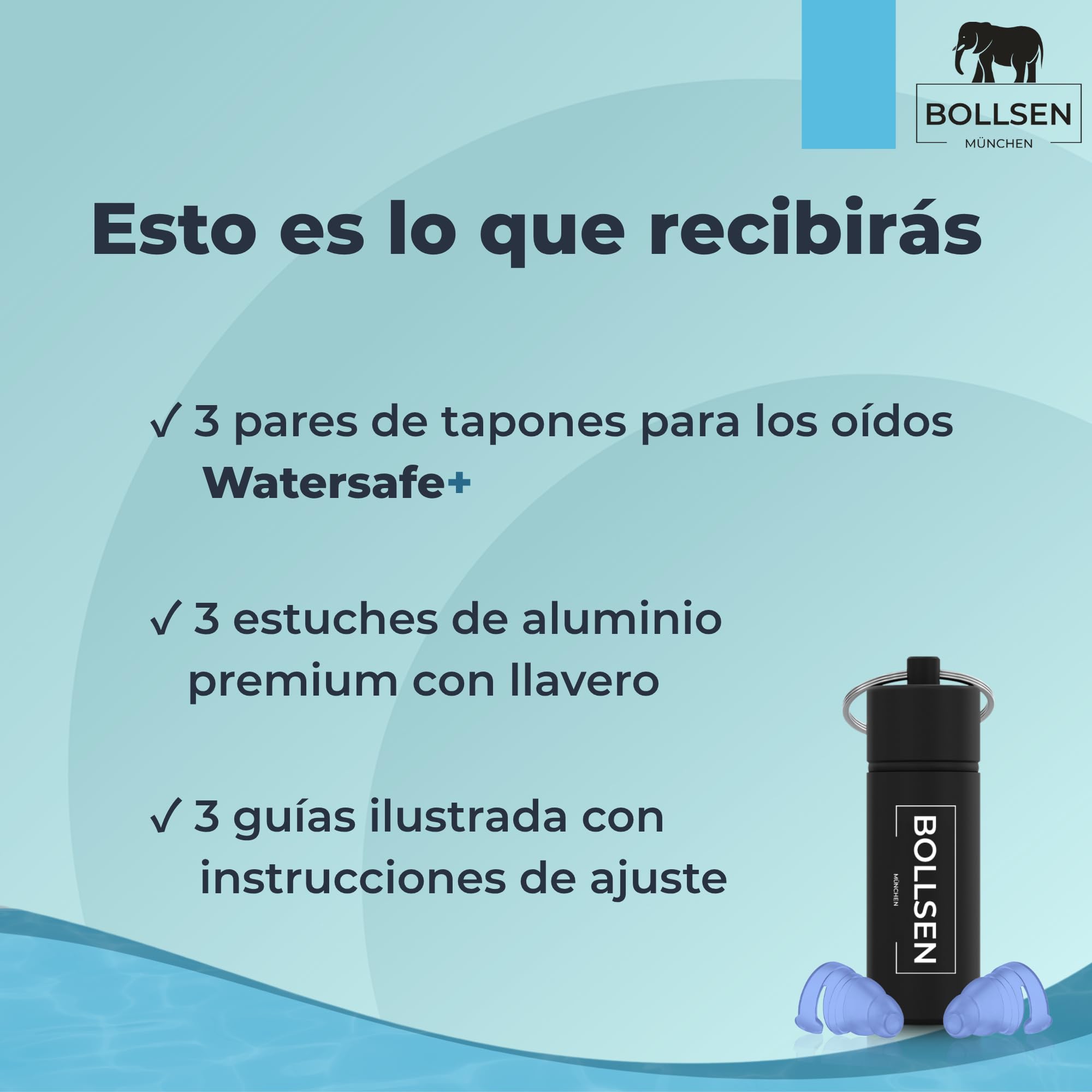 BOLLSEN Watersafe+ Tapones para los oídos de natación – Tapones de silicona reutilizables para natación, ducha, baño y deportes acuáticos – Tapones impermeables con reducción de ruido de 24 dB SNR (3)