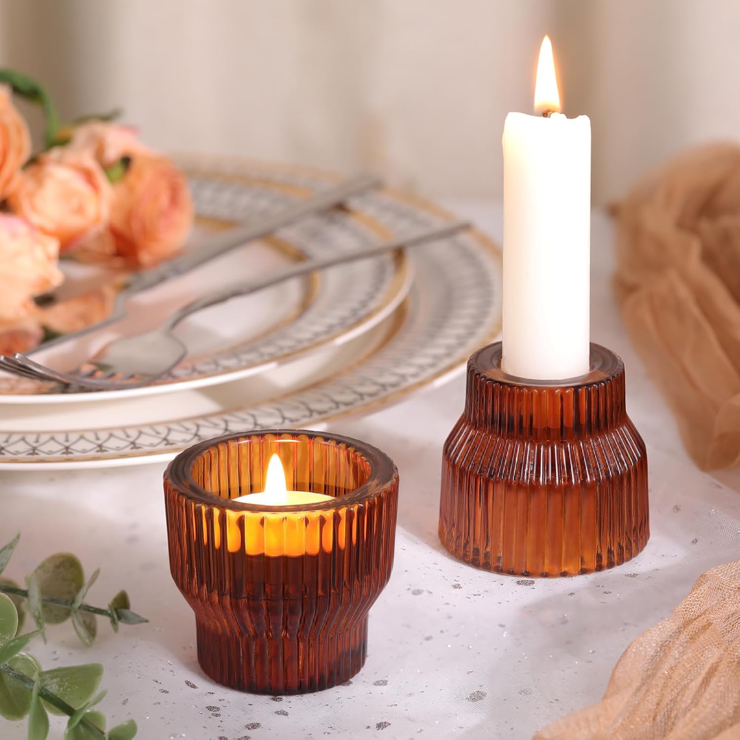 12pcs Amber Glass Candlestick Holders, Taper Candle Holders Tea Light Candle Holder for Wedding Centerpieces Table Decorations, Votive Candle Holders for Table Decor - Image 6