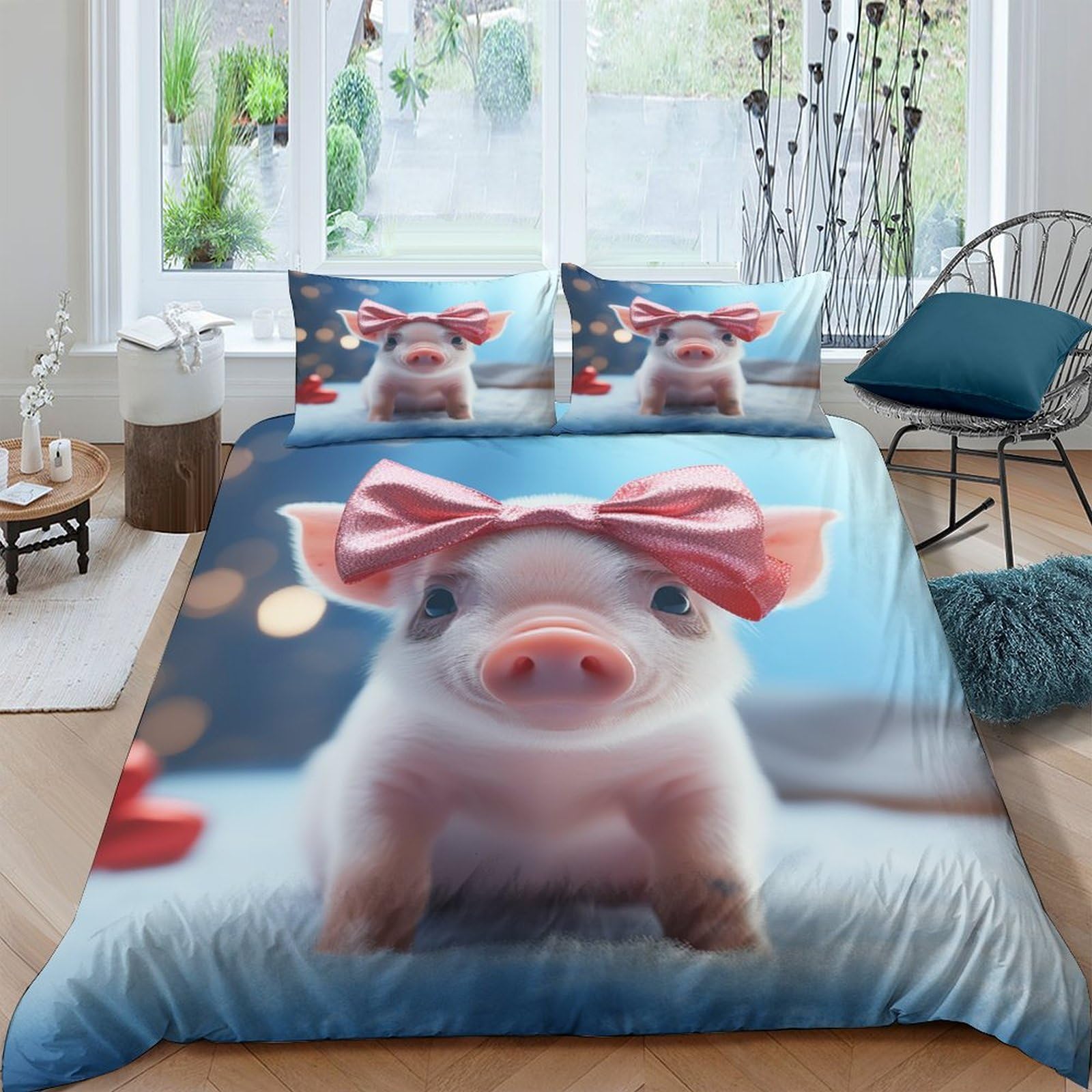 VesFy Duvet Cover 3D Printed Bedding Bowtie Pig Comforter Cover Set Size Soft Microfibre Set Cute Animals Quilt Cover 3Pcs Closure For Boys Girls Teenagers King(220x240cm) — image 1