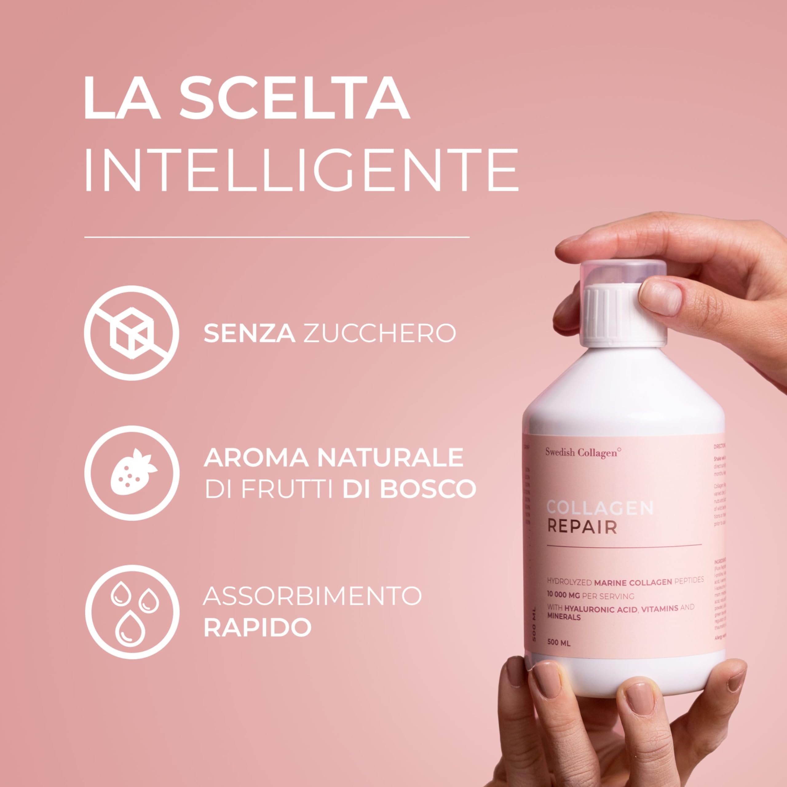 Swedish Collagen Reapir Integratore liquido collagene marino 10.000 mg - 500 ml, 20 giorni | Peptidi puri e vitamine per capelli, pelle, unghie, articolazioni | Senza zucchero | Clinicamente testato