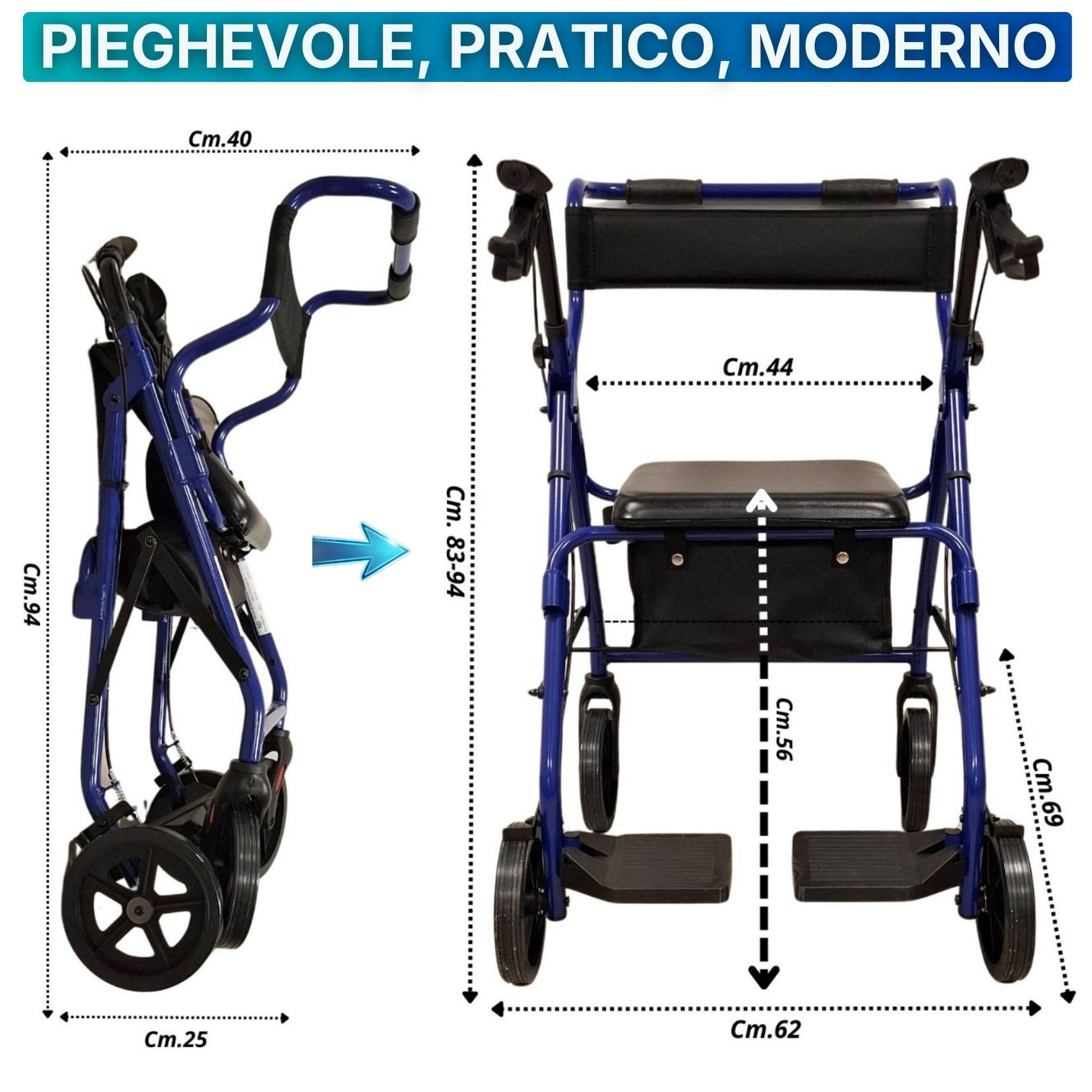 TERMIGEA RO30 - Deambulatore per Anziani con Seduta, Carrello per Anziani per Camminare Pieghevole in Alluminio (Portata 136KG) con Freni Ruote Posteriori e di Stazionamento, Impugnatura Ergonomica
