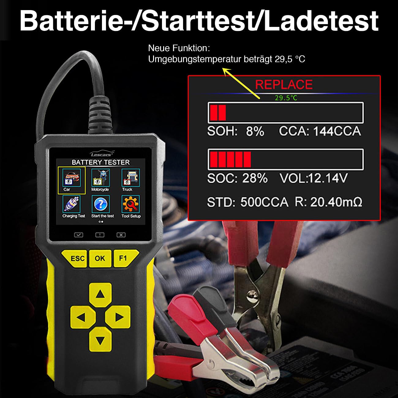 Lescars Diagnosegerät: Professioneller 2in1-OBD2-Scanner und Batterie-Tester, HD-Farbdisplay (OBD Diagnose, OBD2 Diagnosegerät, Auto)