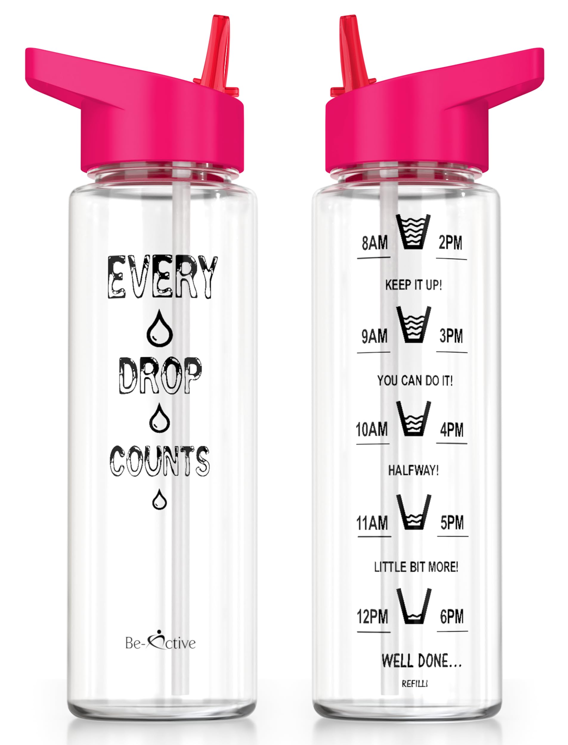 Be-Active Pink Motivational Water Bottle With Straw – With Time Markings - Times To Drink – Tracker - Bpa Free (Pink)
