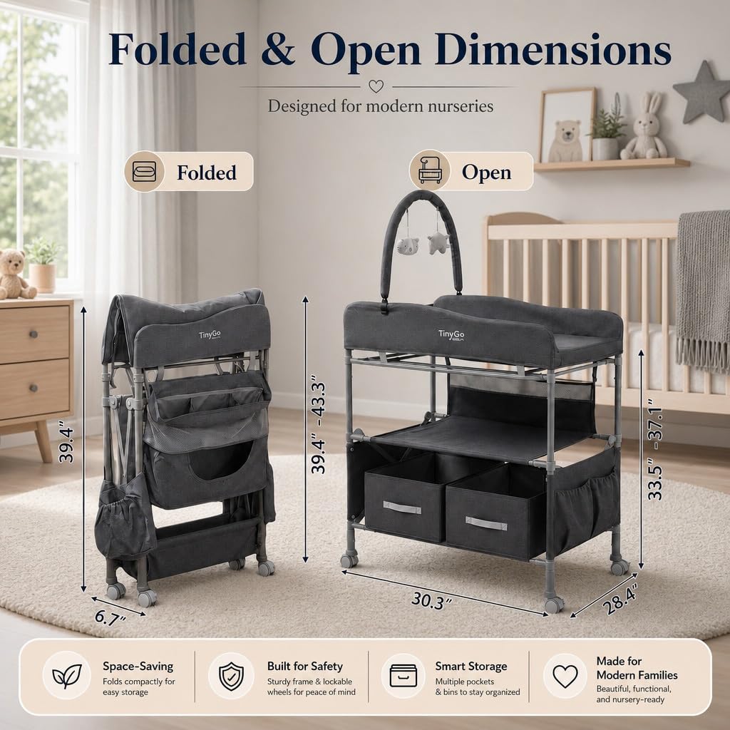 Portable Baby Changing Table with Wheels, Height Adjustable Foldable Diaper Station with Toy Bar, 2 Storage Drawers & Nursery Organizer for Newborn, Charcoal Grey