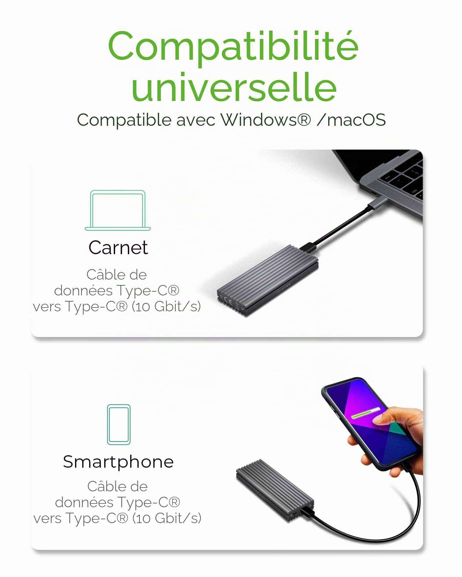 ICY BOX Boîtier SSD M.2 NVMe, USB 3.1 (Gen2, 10Gbit/s), PCIe M-Key, Disque dur externe SSD, Adaptateur NVMe, USB-C, USB-A, IB-1817M-C31