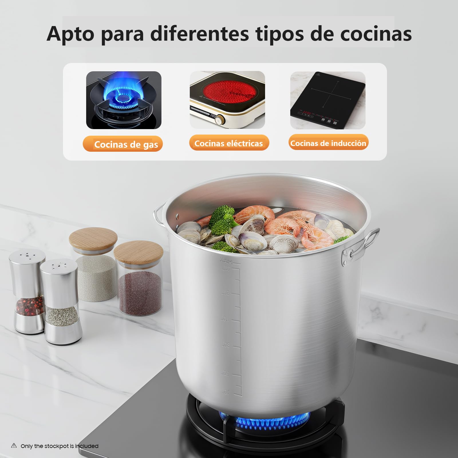 Olla grande de acero inoxidable de 70 L, con asas, diámetro de 45 cm, altura: 45 cm, tapa de fregadero, superficie pulida, olla grande de acero inoxidable para cocinas de gas, cocinas