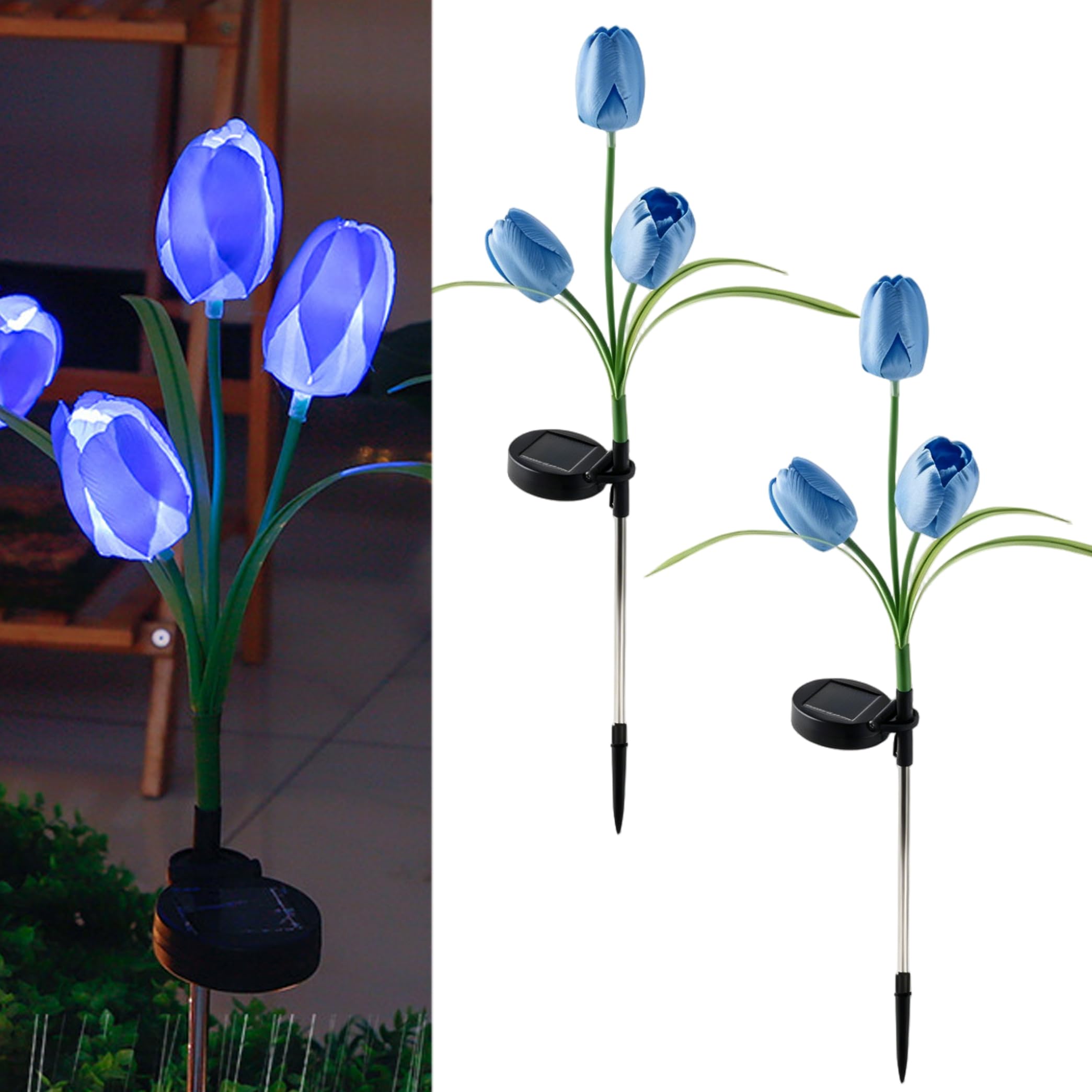 Bemonew Light Up Flowers, 2pcs Solar Garden Lights, Waterproof Outdoor Solar Flower Lights, Light Up Tulips with Auto On/Off (Blue)
