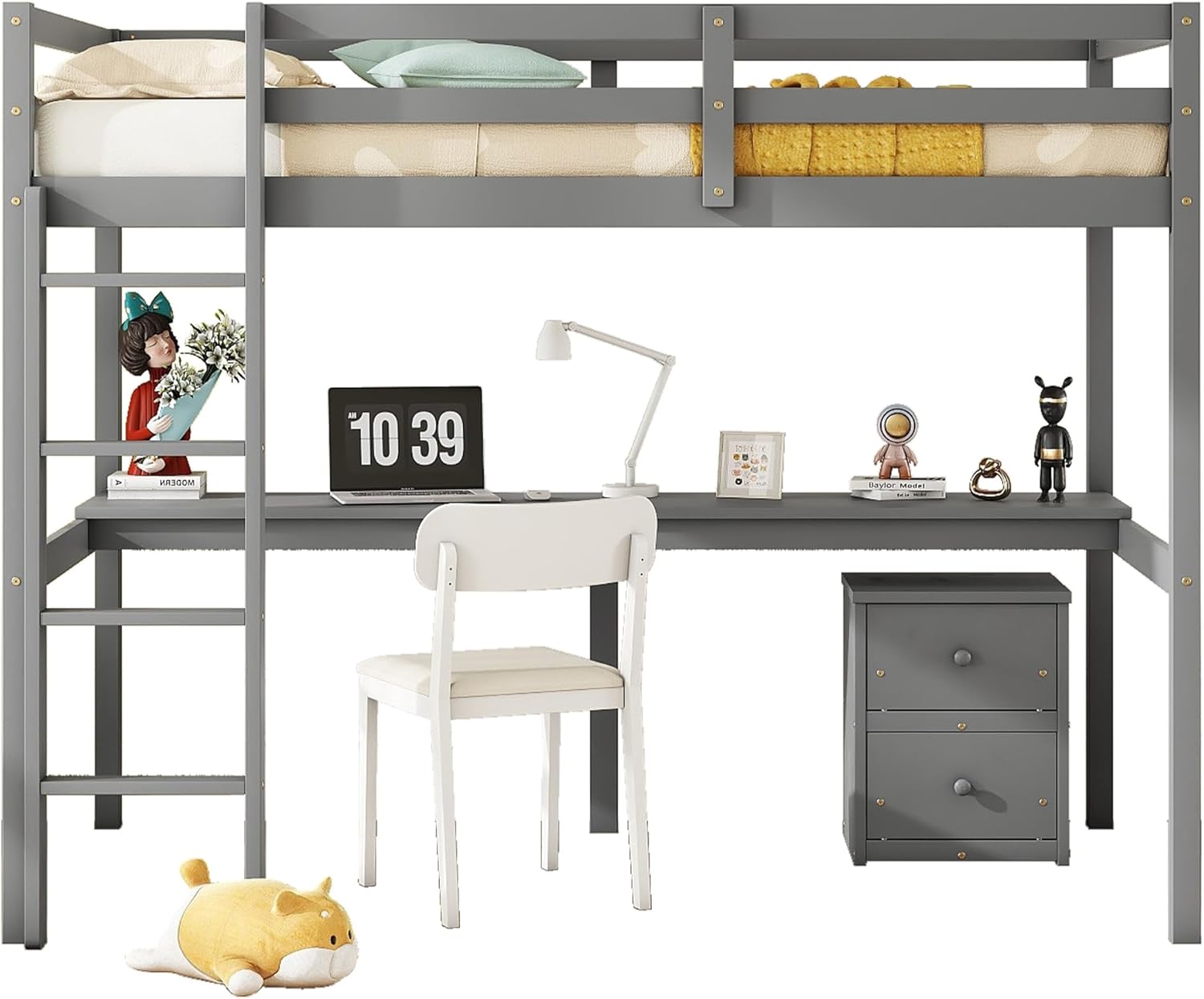 Twin Loft Wood Bed with Under-Bed Storage Cabinet & Built-in Desk, Solid Wood Loft Bed with Bookshelf, Twin Size Loft Bed with Guardrails & Ladder for Bedroom Kids Girls Boys(Grey)