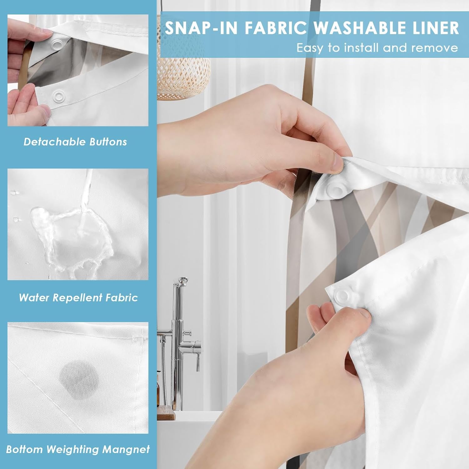 No Hook Brown Shower Curtain with Snap in Fabric Liner Set, Modern Abstract Striped Double Layers Waterproof Fabric with See Through Top Window Open Grommet Bath Curtain 71x74 Inch