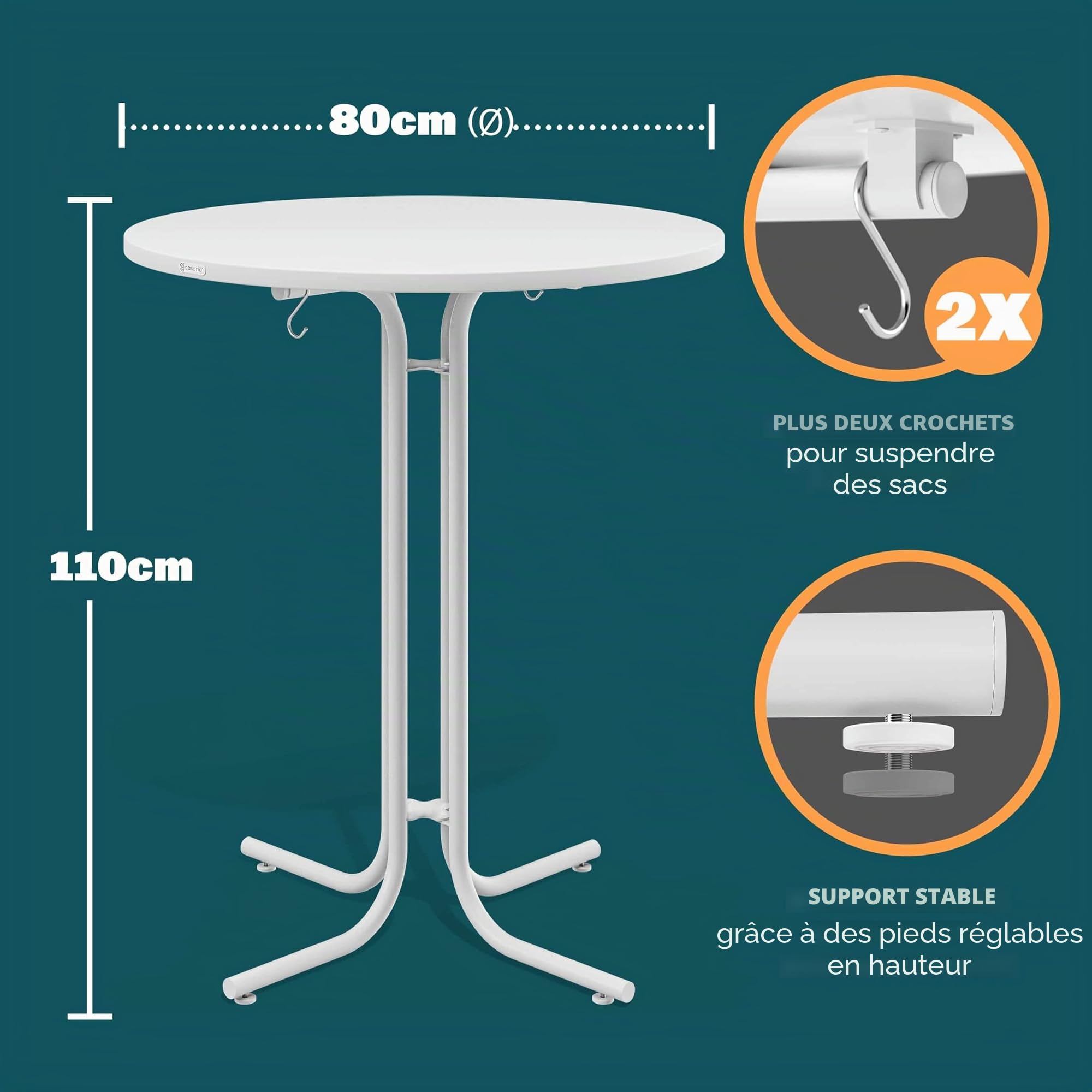 Casaria® Table Mange Debout Pliable 80x110 Cm Blanc avec Housse Élastique Lavable Table Bistrot Mange Debout Pliant Bar Intérieur Extérieur Métal Stable Plateau MDF Résistant 100 Kg