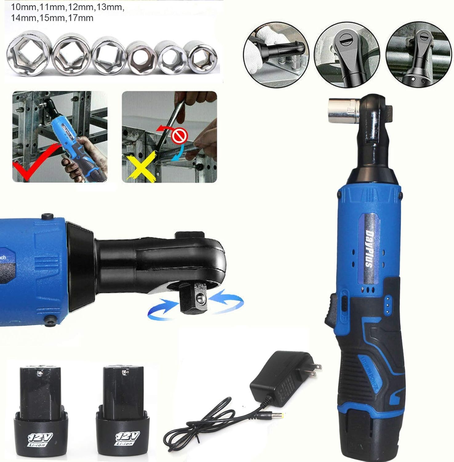 12V Electric Ratchet Wrench Set, 90 Degrees Right Angle Ratchet Wrench with 2 Pack 1500mAh Lithium Batteries Hand Power Tool, 3/8" 40N.m Max Torque Power Ratchet Wrench, 7 Size Sockets and 1 Charger