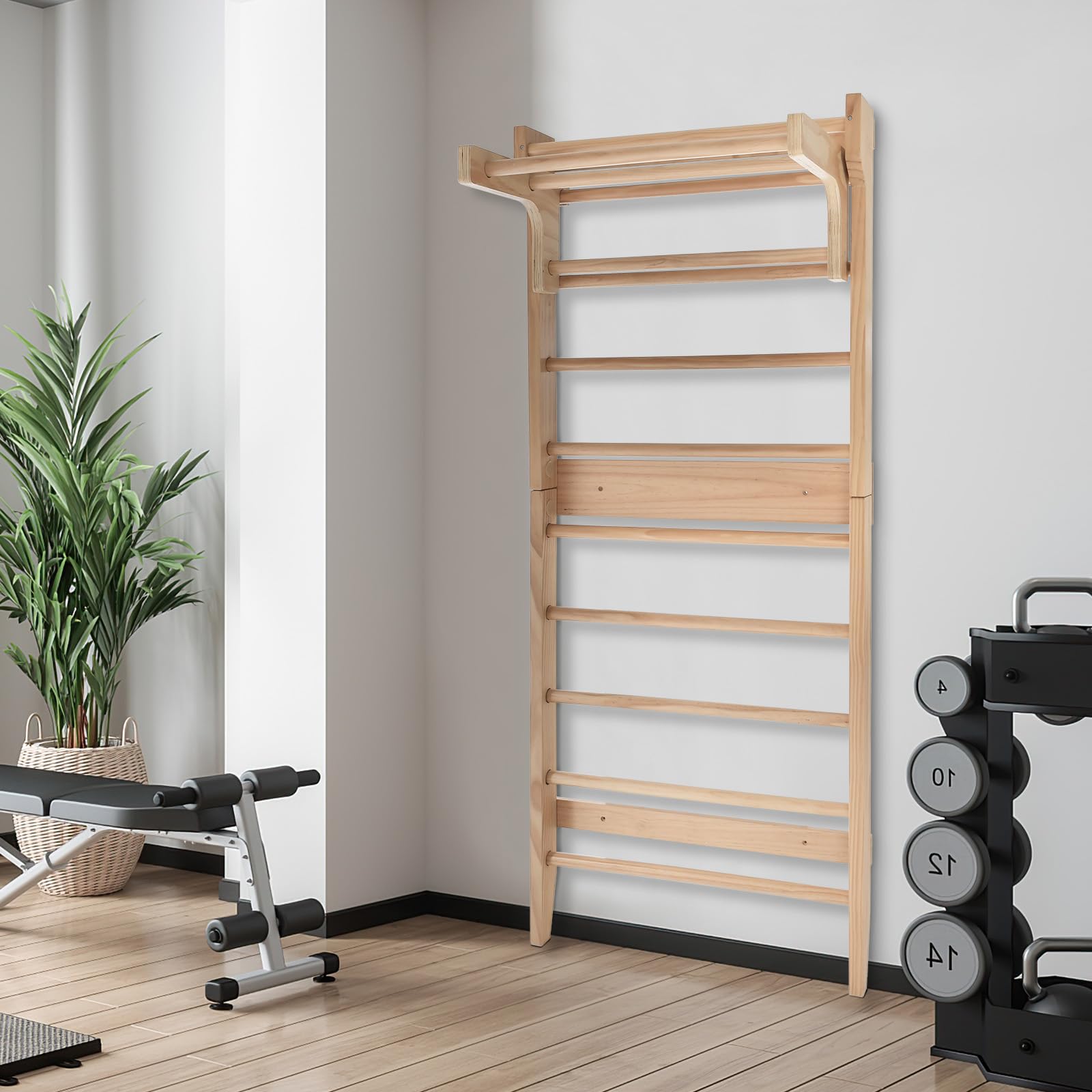 HOMASIS Espaldera de Gimnasio de Madera, Barra Sueca con Travesaño Horizontal Extraíble, Barra para Dominadas de Fitness para Casa para Niños y Adultos, 80 x 48 x 195 cm
