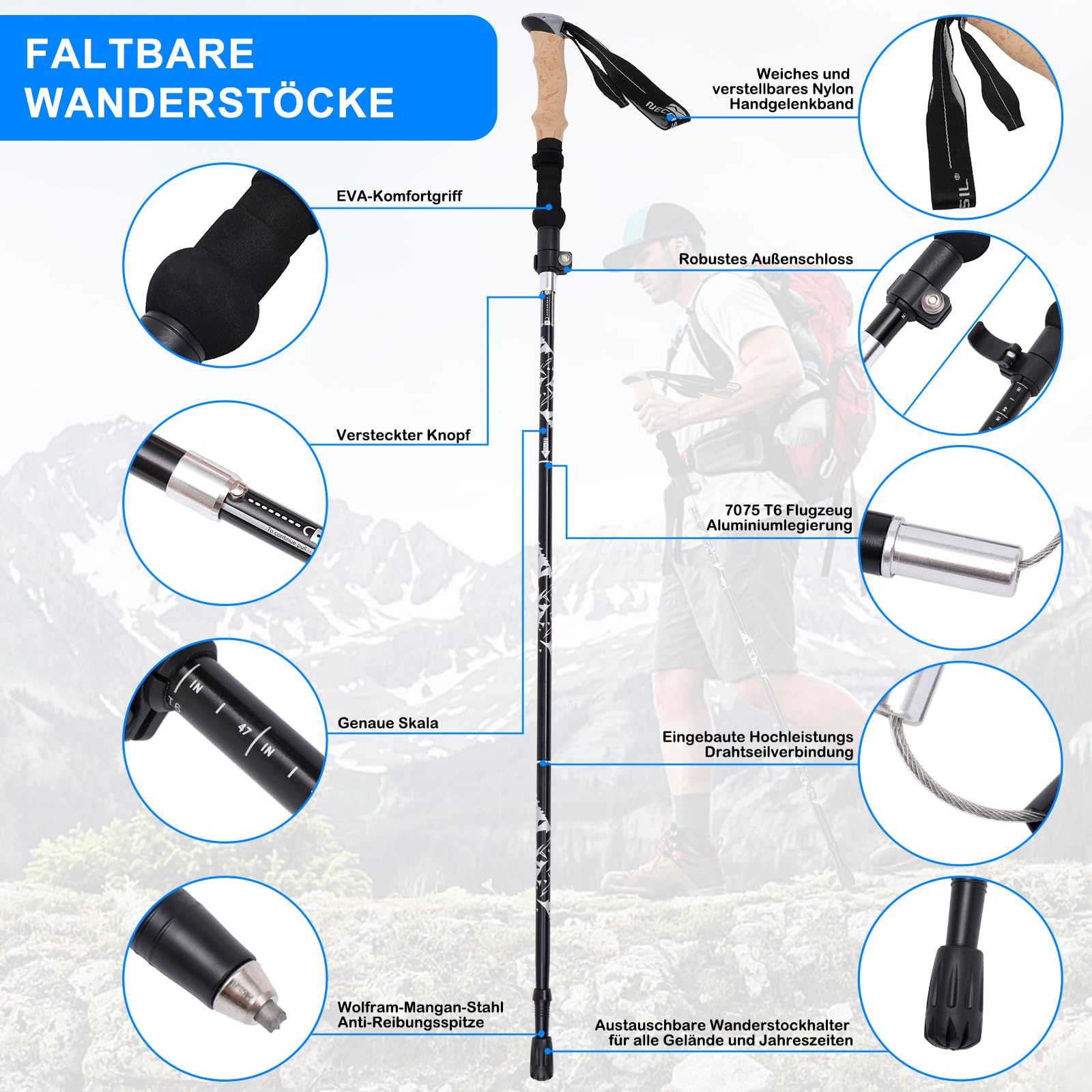 Newfulam Wanderstöcke Faltbar - 110-125 Cm Nordic Walking Stöcke | 7075 Aluminium, 4 Spitzen Für Trekking & Wandern