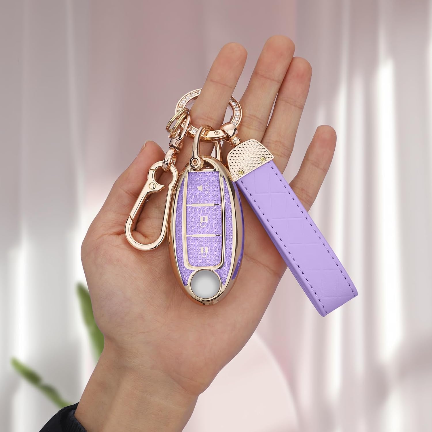 for Nissan 3 Buttons Key fob Cover, Soft TPU Keys Protector Bling Key Fob Keychain for Rogue Armada Pathfinder Versa Smart Key, Gold Purple image 2