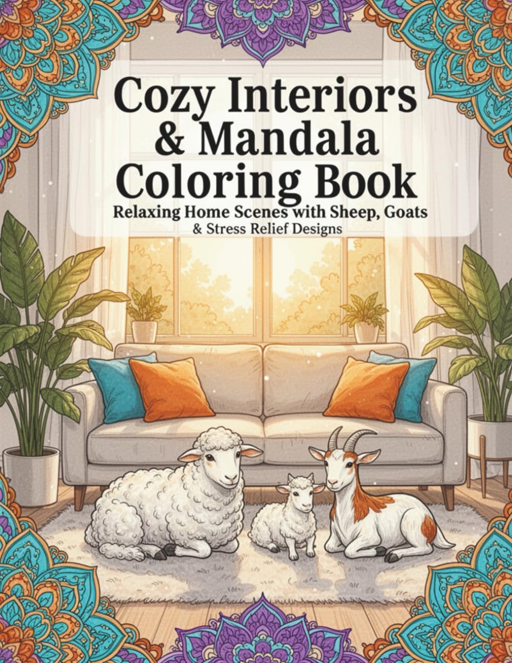 Cozy Interiors & Mandala Coloring Book: Relaxing Home Scenes with Sheep, Goats and Stress Relief Designs
