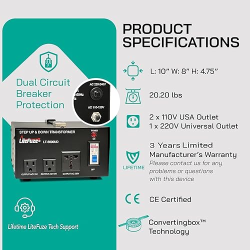 Miniatura 5 de LiteFuze Transformador de voltaje de 5000 vatios elevador hacia arribaabajo - Convertidor de potencia de 110 V a 220 V220 V a 110 V - Cable