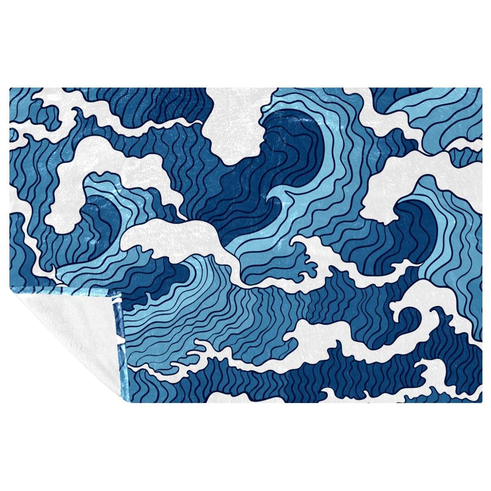 Couverture douce vagues bleues pour canapé lit et plaid de pique-nique camping