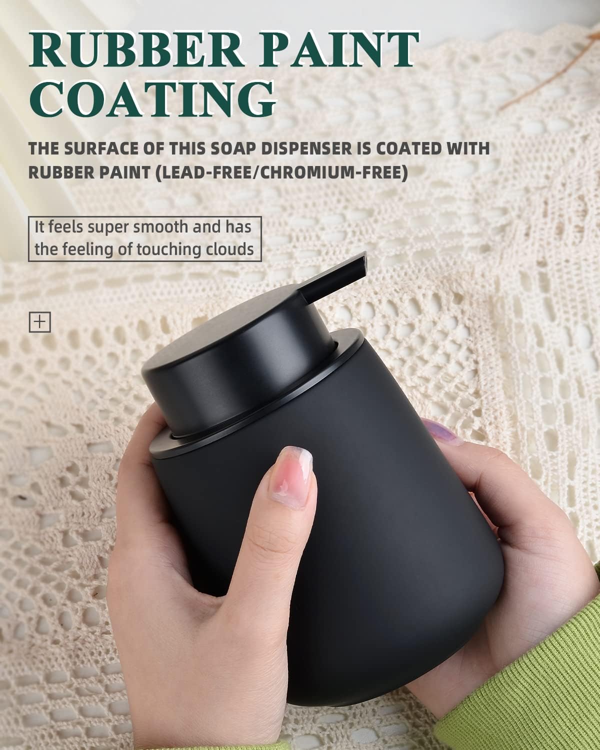 BosilunLife Black Soap Dispenser - Ceramic Dish Soap Dispenser for Bathroom 12ounce Refillable Liquid Hand Dispenser for Essential Oil, Lotion Dispenser with Pump (Rubber Paint) - Image 2