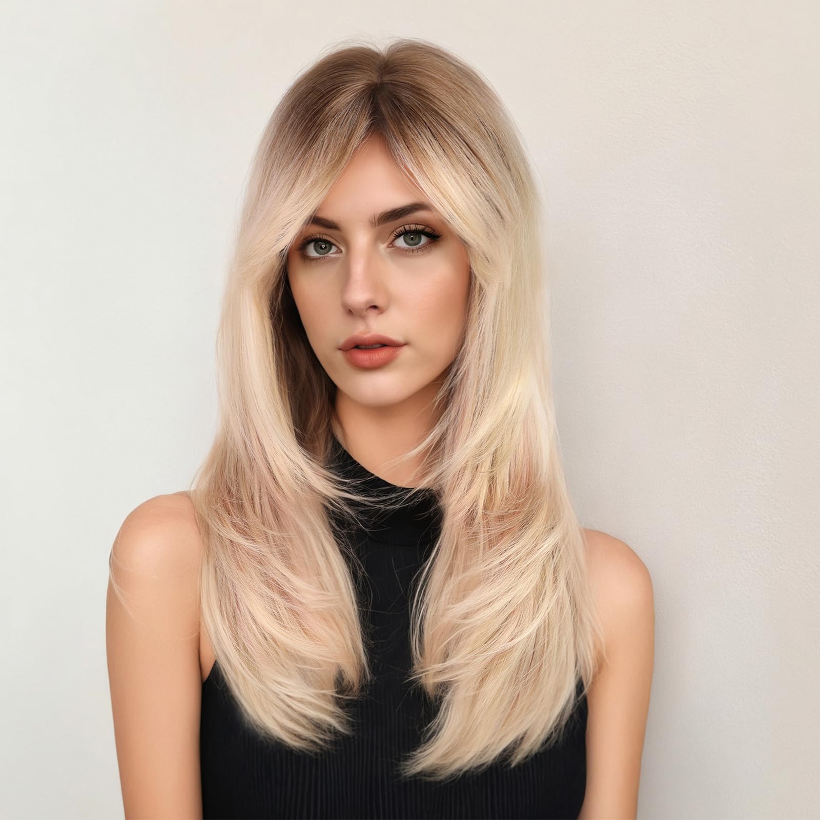 WOKESTAR Long Straight Wigs for Women with Curtain Fringe Layered Synthetic Color Hair (Ombre Mixed Brown)