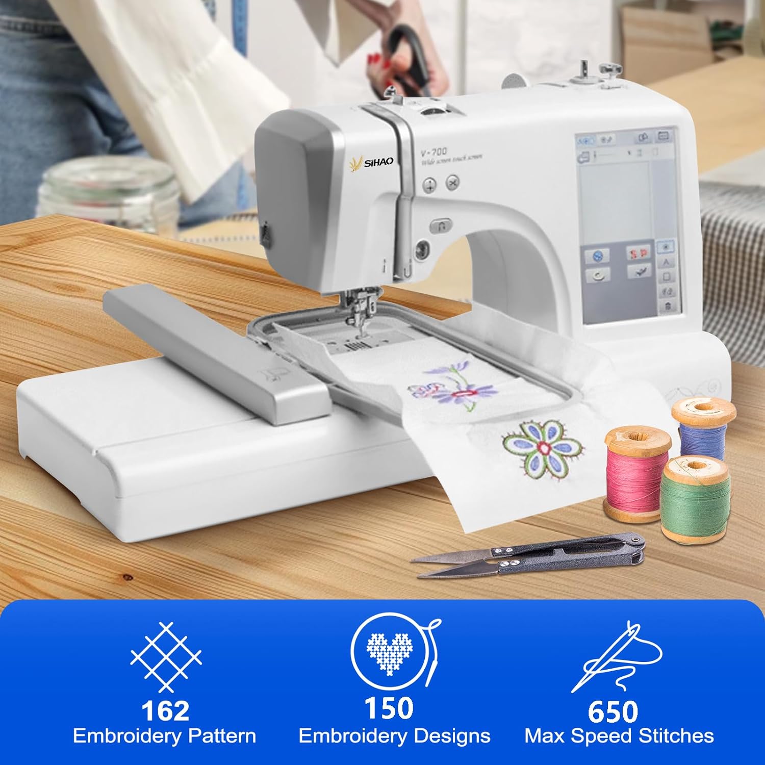 Embroidery Machine, 4" x 9.25" Hoop Area, Computerized Embroidery Machine with 7" Touchscreen Display, with Hoops,USB,Stabilizer,Bobbins,ect