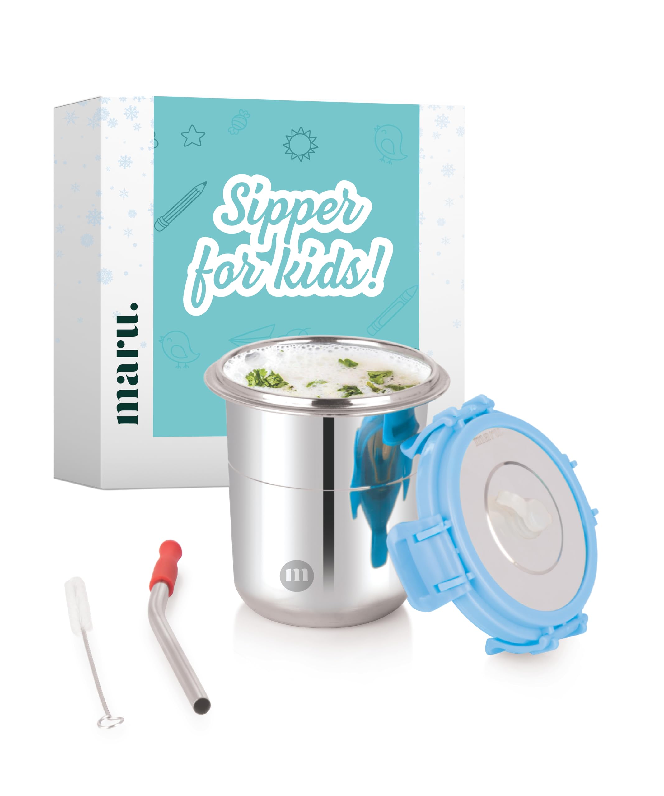 MARU Stainless Steel Tumbler for Kids - 300ml Drinkware with Straw, Secure Lid, Cleaning Brush, and Silicone Sleeve (Sky Blue) - Perfect for Smoothies and Juices!-image-33
