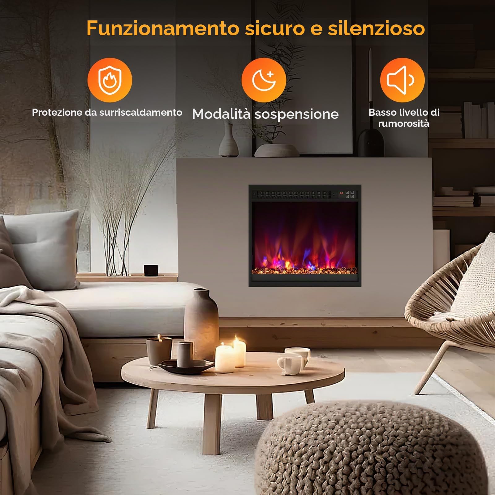 SOARS Camino Elettrico 1500W, Caminetto Elettrico con Effetto Fiamma LED a 8 Colori, 3 Livelli di Luminosità,17-32℃, Protezione Anti Surriscaldamento, Telecomando (49,1 X 12,3 X 45 CM)