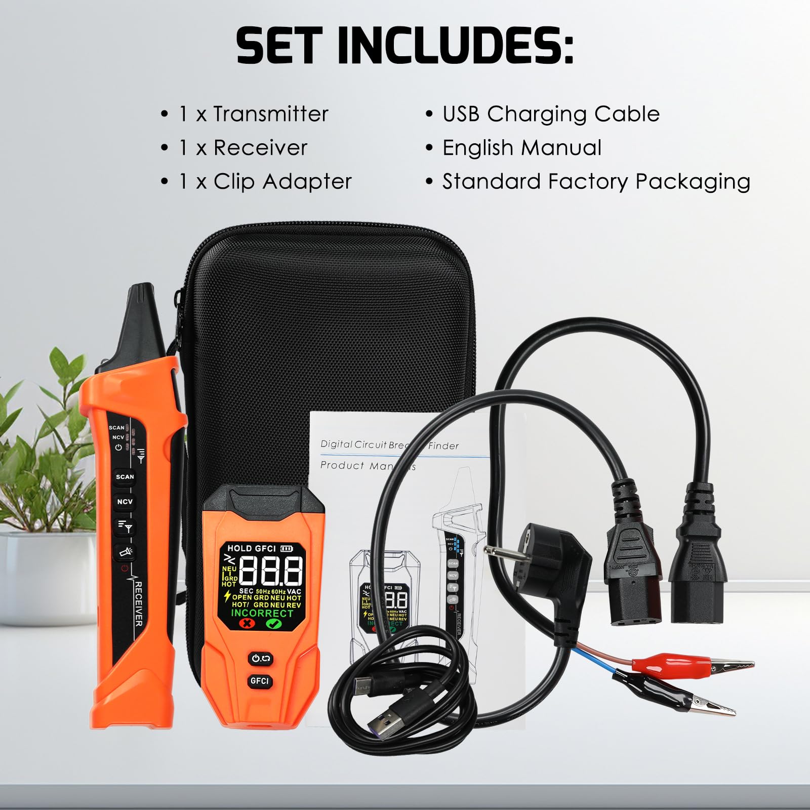 Wiederaufladbares Leitungssuchgerät-Set mit Stromkreisprüfer, GFCI-Steckdosenanalysator, NCV-Spannungssensor, LCD-Display, LED-Taschenlampe, Ton- & Lichtanzeigen, Tasche