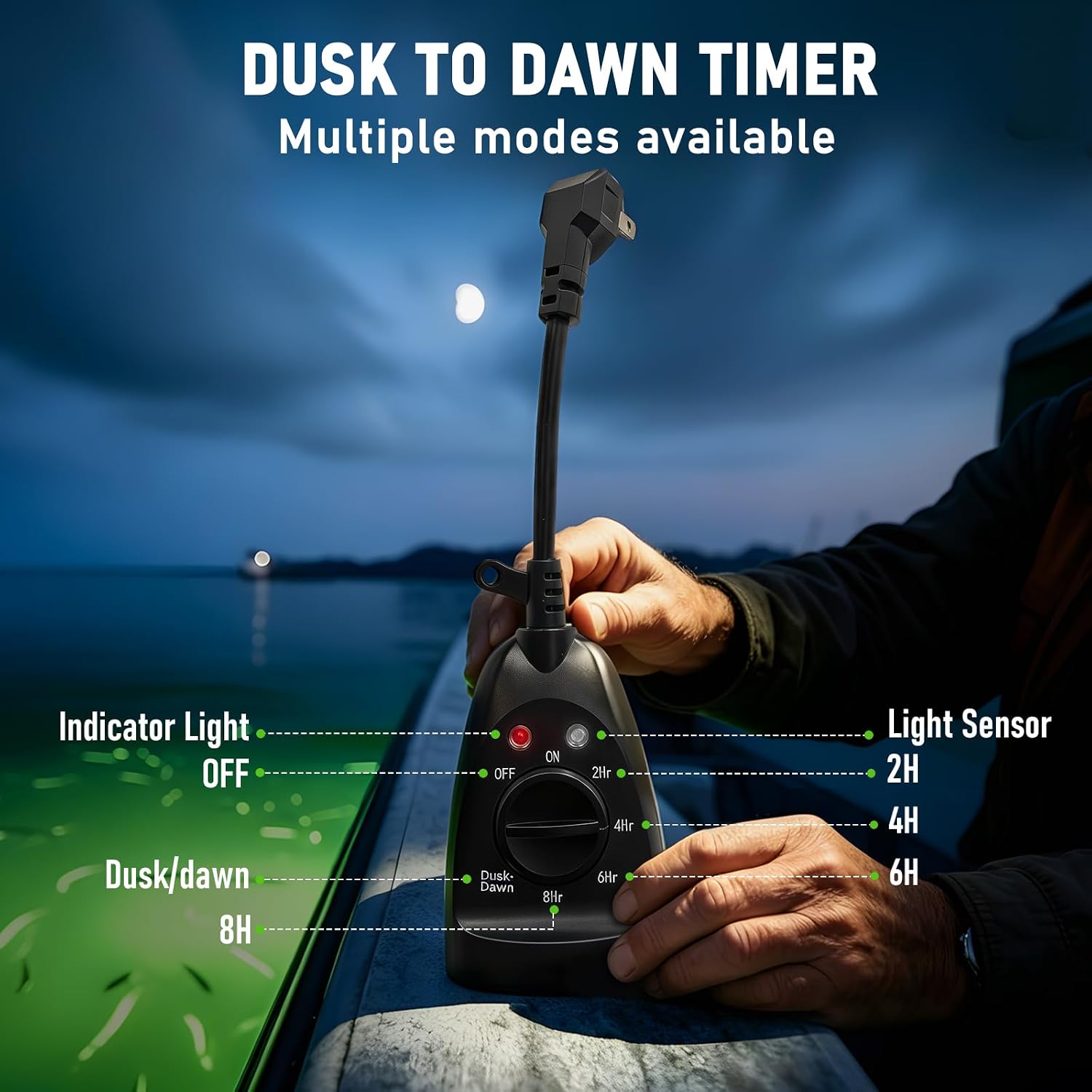 JESLED 110V & 12V/24V Underwater Fishing Light, 15000LM Super Bright Green Fishing Light for Boats/Docks/Kayaks, IP68 Waterproof for Fresh & Salt Water, Dusk to Dawn Timer Included (150W & 50FT)