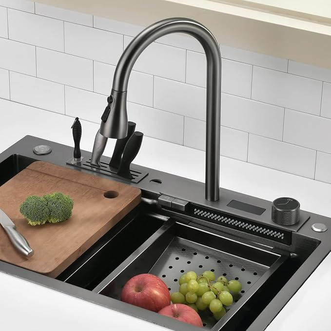 Lefton 304 Stainless Steel Waterfall Kitchen Sink Set with Pulldown