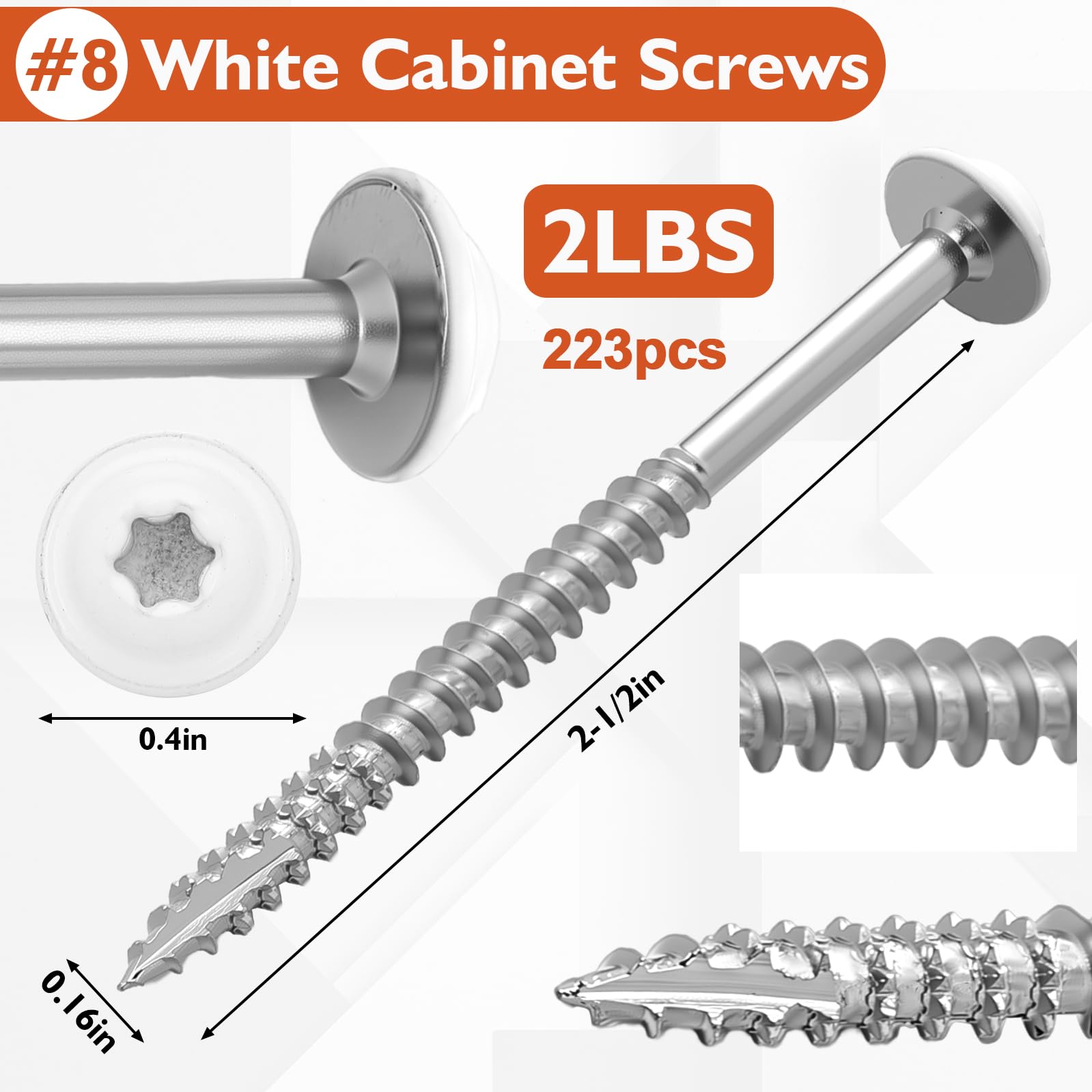 Frienda Tornillos de gabinete blancos de 2 libras a granel #8 x 2-1/2 pulgadas, tornillos de madera autorroscantes resistentes con cabeza de retraso en estrella, sujetadores de cubierta para gabinetes