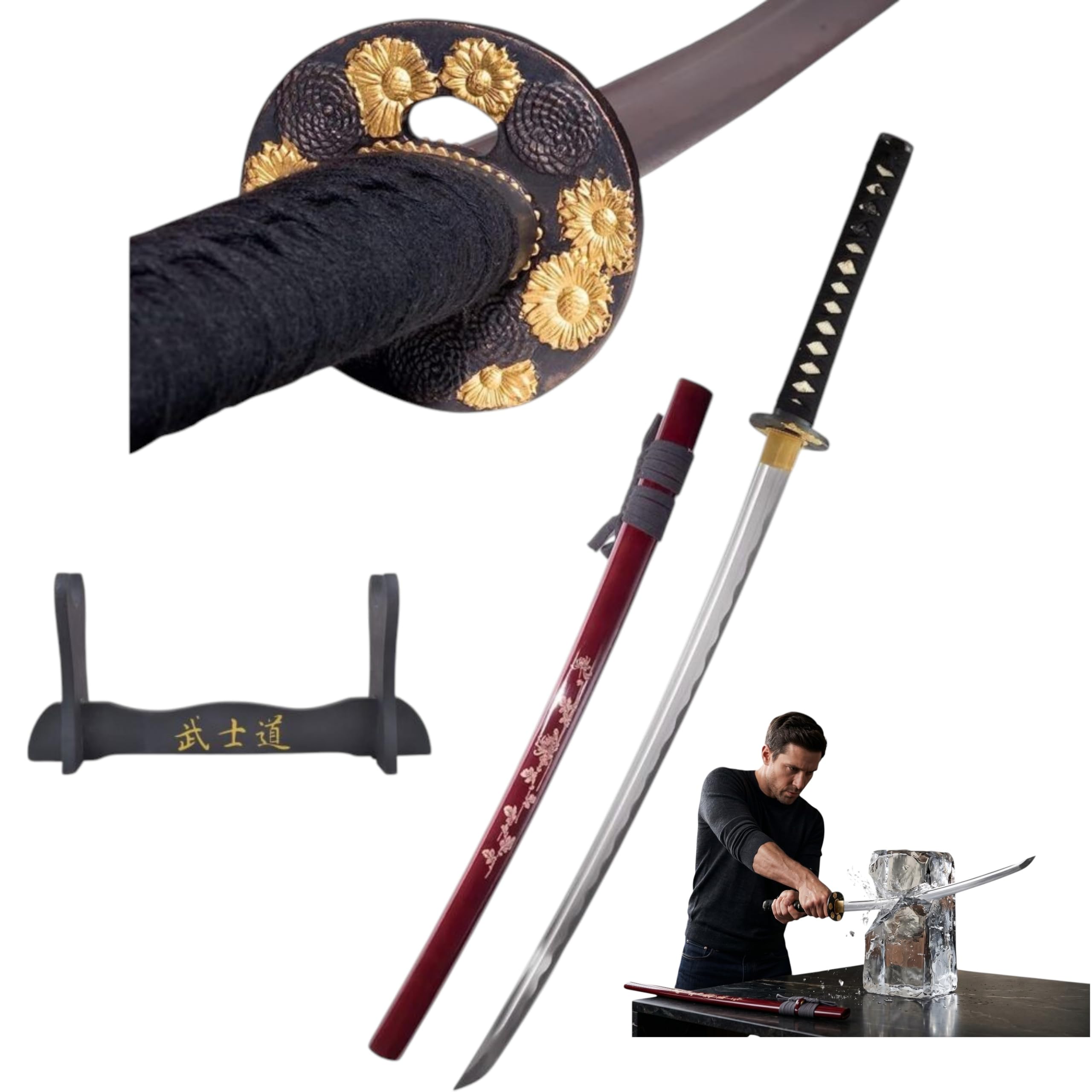 Lange Machete Katana Rot Schwert Scharf Echt Zum Training Metall Stahl 1045 Handgravierte Scheide Samurai 100% Handarbeit nur für Erwachsene - 18 Jahre erforderlich DS034