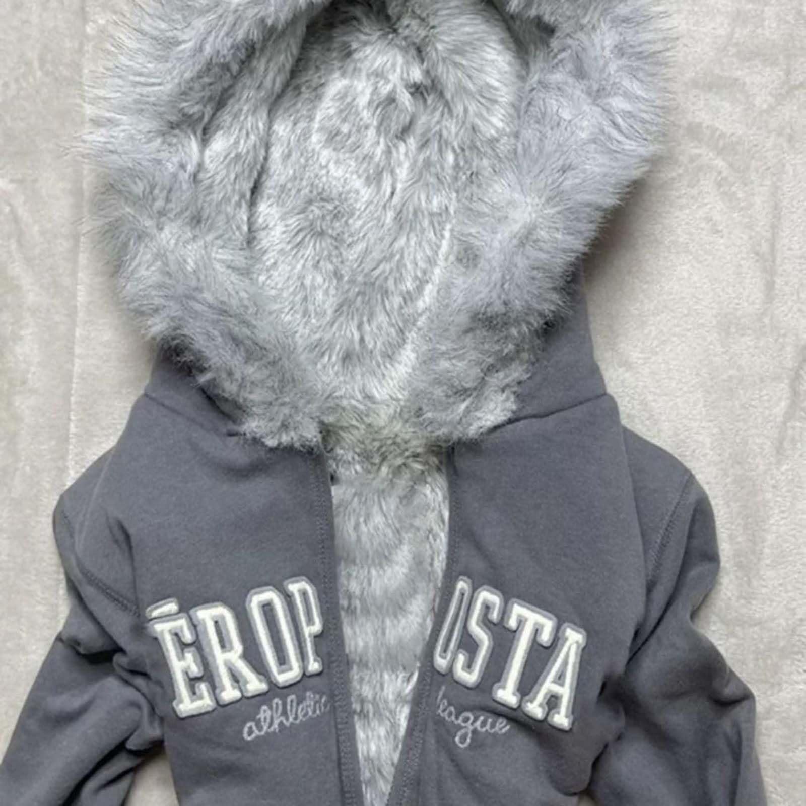 Damen Vintage Grunge Y2K Zip Up Hoodie mit Pelzkapuze Kapuzenjacke