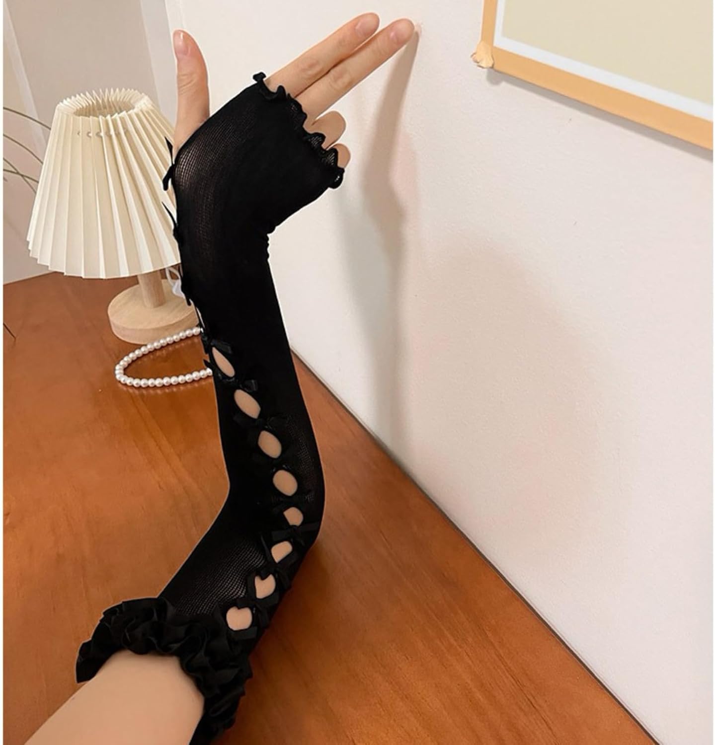 レディース Y2K メッシュ レース 指なし ロンググローブ ゴシック ロリータ ボウ チュール アームスリーブ フリル リストカフ