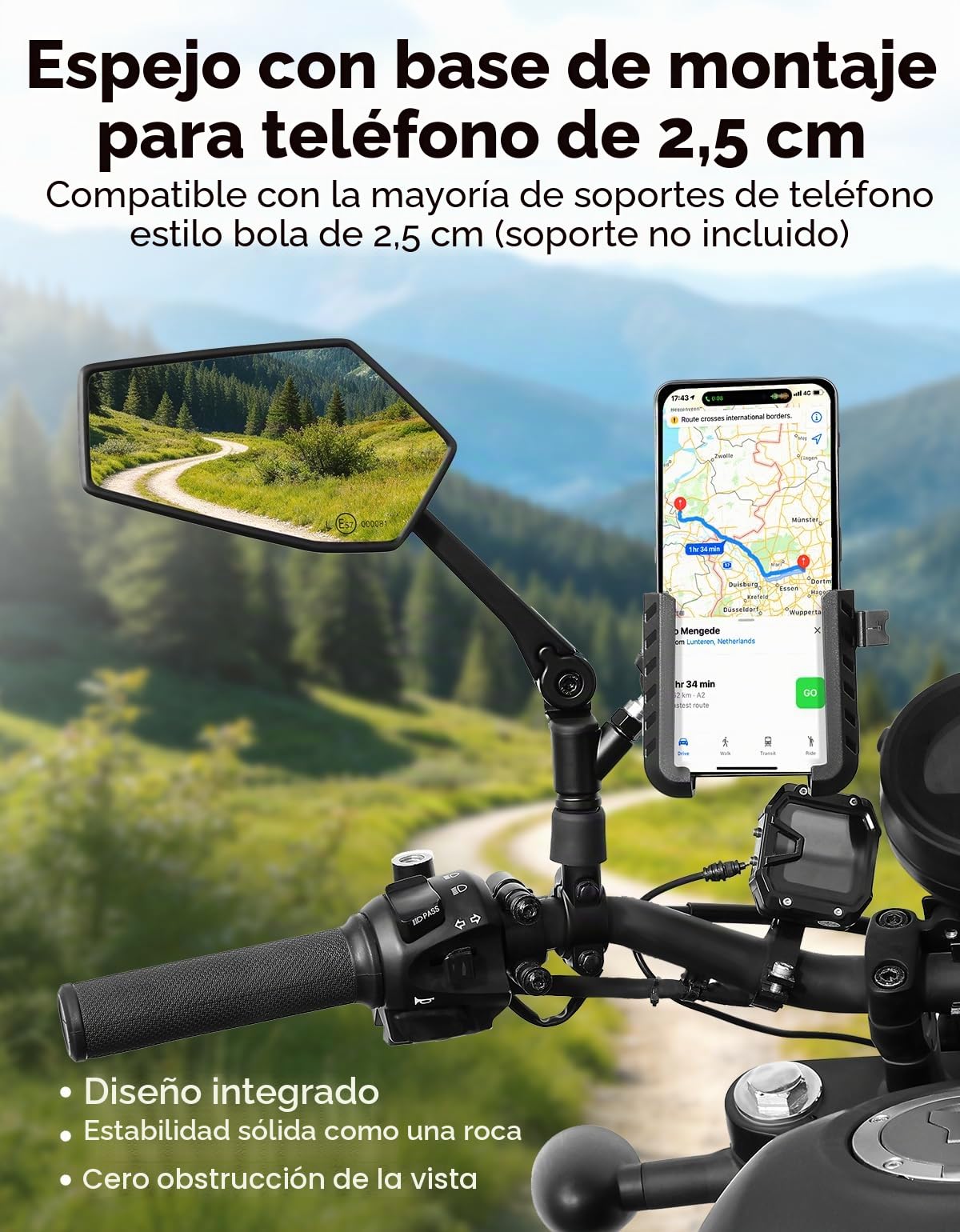 KEMIMOTO Espejos Moto Homologados con Soporte Móvil, Retrovisores Universales Plegables M10 de Aluminio para Scooter, Ciclomotor, ATV