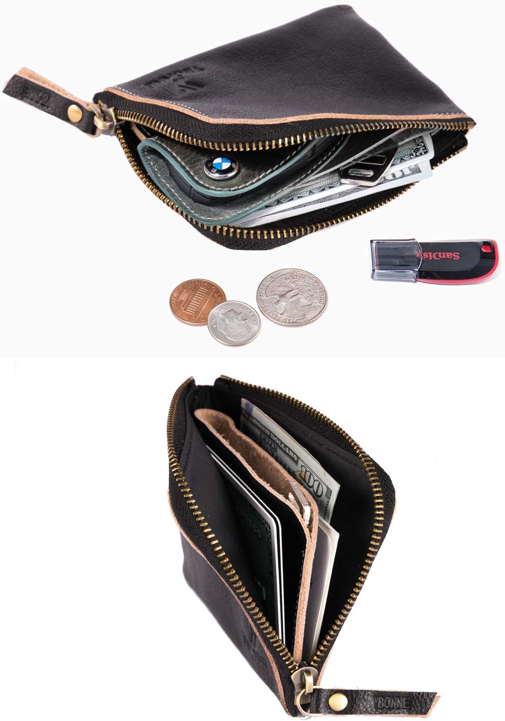 YBONNE Small Mini Corner Zip Wristlet Wallet for Men and Women, Handmade with Italian Vegetable Tanned Leather (Black)