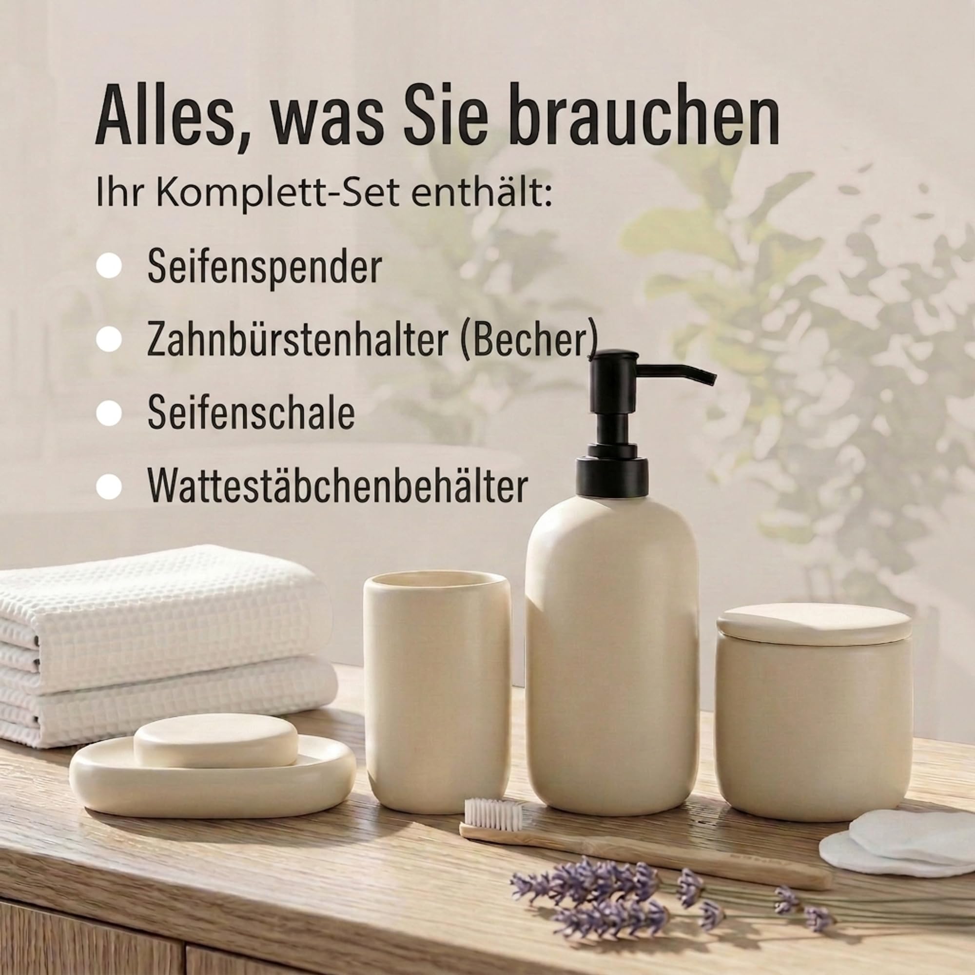 Keramik Badezimmer Organizer Set - 4 Teilig | Seifenspender, Zahnbürstenhalter, Seifenschale & Wattestäbchen-Behälter | Modernes Skandinavische Design | Minimalistisches Badezimmer Accessoire | Beige