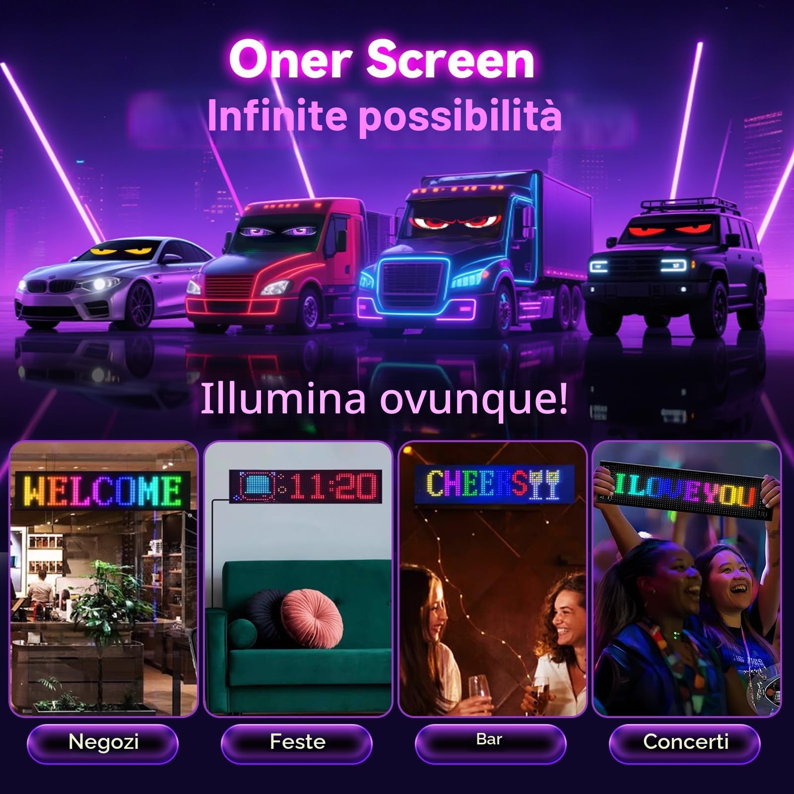 2 grandi occhi LED 120 x 595 mm per auto, occhi LED per camion, display fai da te, display morbido, programmabile, con LED, app, Bluetooth USB 5 V, aspirapolvere diavolo