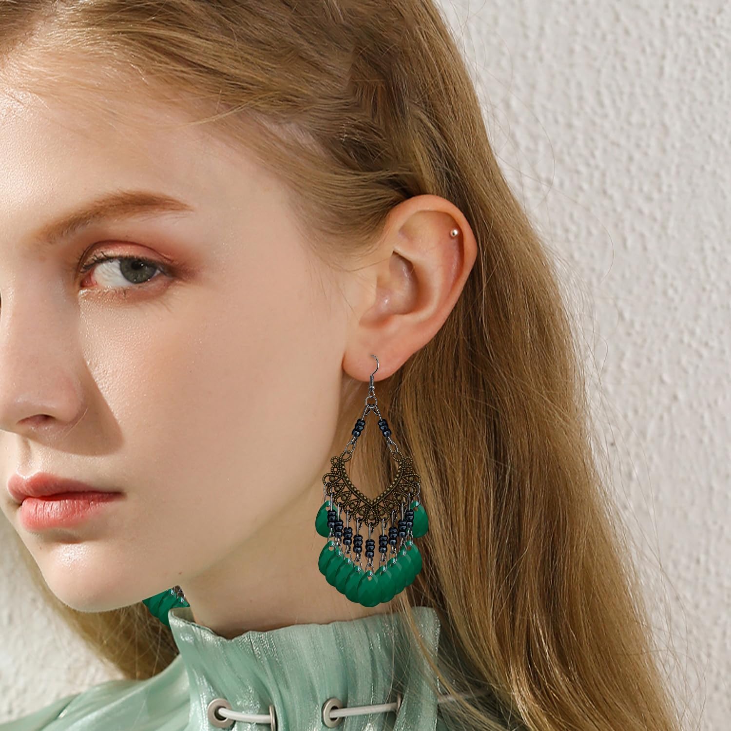 Bohemian Vintage Silver Chandelier Teardrop Beaded Geometry Dangle Drop Earrings For Women - Image 3