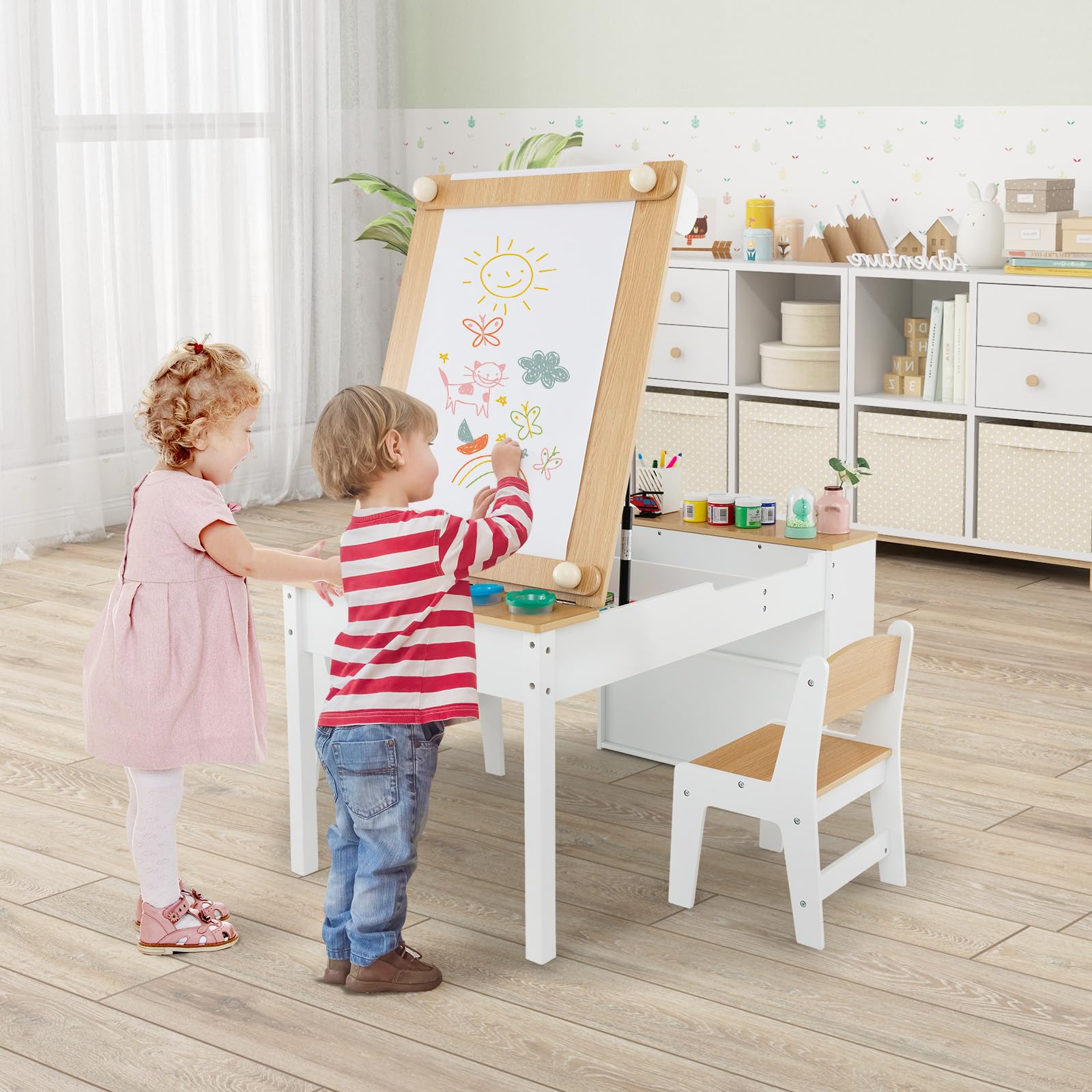 GOPLUS Kinderkunsttisch mit 2 Stuhl & seitliche offene Regal, Kindermöbel Set mit Stauraum & Maltisch, Kindersitzgruppe für Zeichnen & Schreiben, für Kinderzimmer Spielzimmer Kindergarten (Natur)
