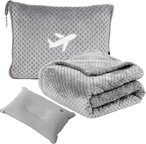 Travel Blanket Airplane Compact with Bag, 3-in-1 Packable Blanket and Inflatable Pillow Set (Light Grey)