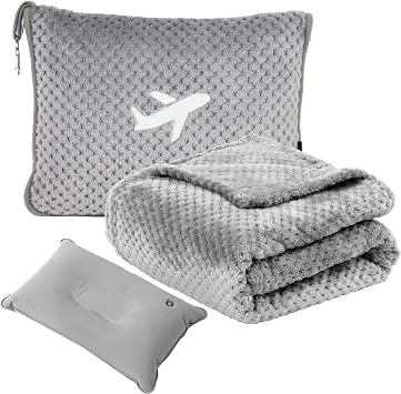 Nenolix Travel Blanket Airplane Compact with Bag, Travel Essentials 3 in 1 Packable Airplane Blanket, Travel Pillow and Blank