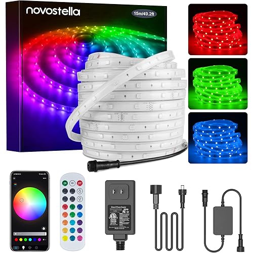 Novostella 49.2ft Smart LED Outdoor Rope Light, Music Sync RGB Strip Lights, App Control and RF Remote Color Changing Dimmable Tape Exterior Lighting Kit, for Garden Decorative Stairs Party, 24V IP65