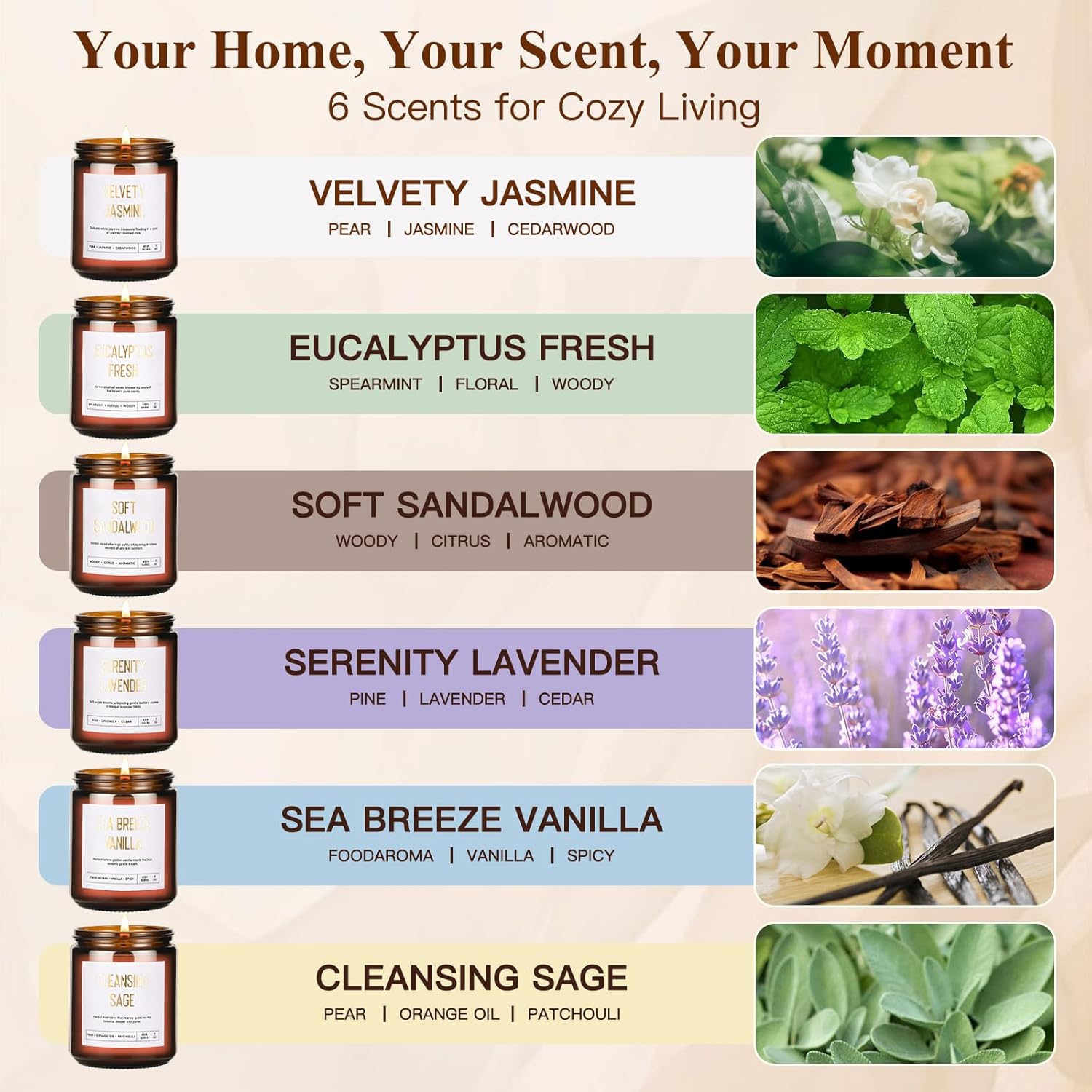 Scented Soy Candles Set for Women - 6 Pack 42oz 300Hour Candle for Home Scented, Lavender Vanilla Eucalyptus Sage Jasmine Sandalwood Candle for Spring Summer, Natural Soy Wax Aromatherapy Candles - Image 2