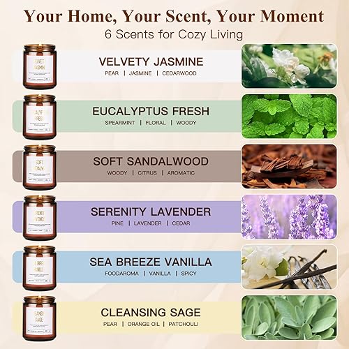 Miniatura 2 de Juego de 6 velas perfumadas de soja para mujer, paquete de 6 velas de 42 onzas, 300 horas para el hogar, aroma a lavanda, vainilla, eucalipto,