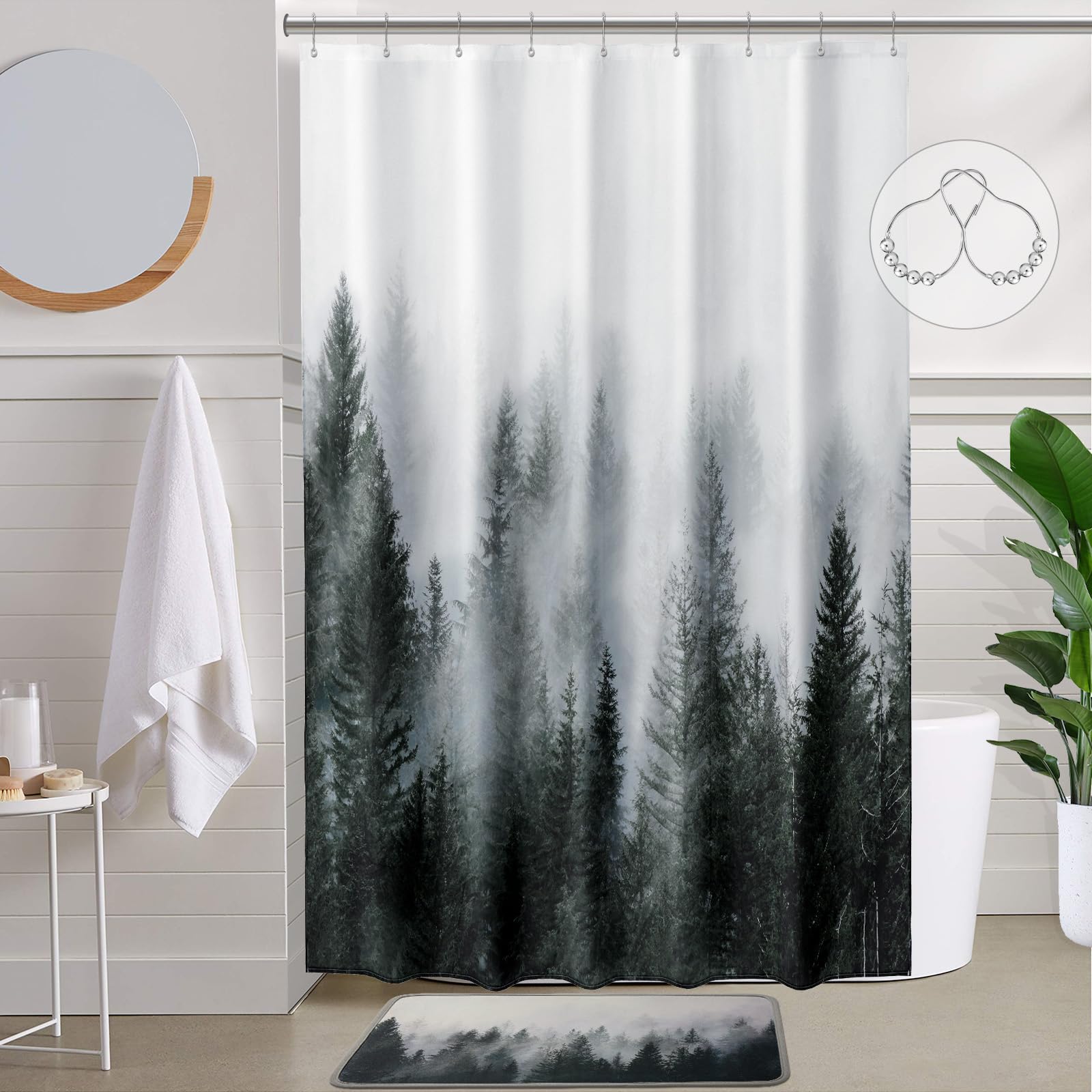ORTIGIA 54x78 Misty Forest Stall Shower Curtain for Small Bathroom, Dark Green Narrow Nature Woodland Curtain Set with Hooks, Waterproof Fabric Pine